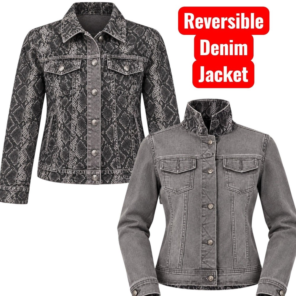 Reversible Denim Jacket Kids XL Grey Snakeskin Animal Print Washed DG2